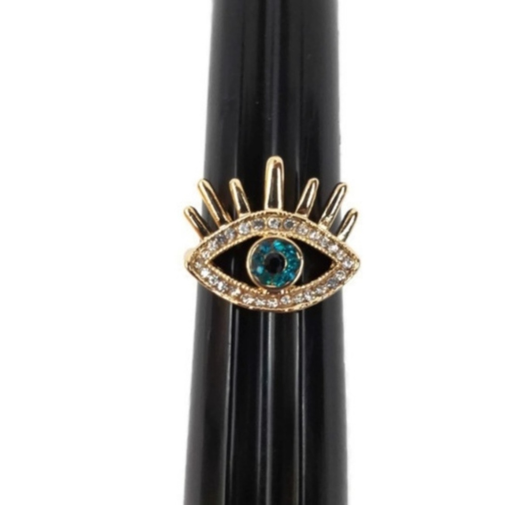 Large GOLD Evil Eye Cocktail Ring CZ BLUE Topaz 7